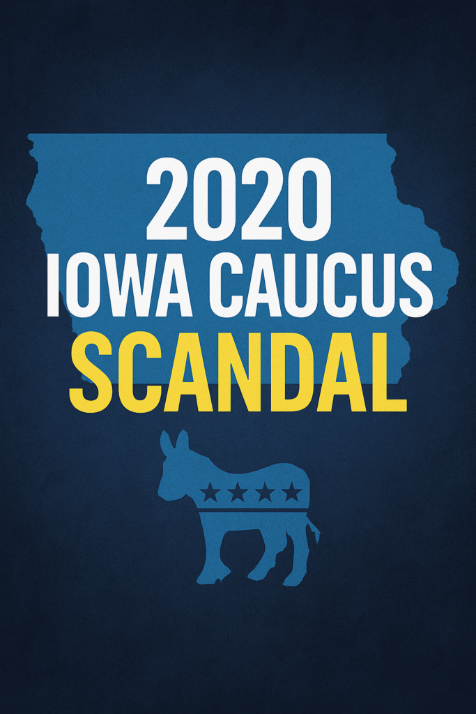 Blue silhouette of Iowa with bold white text reading “2020 Iowa Caucus Scandal” and a small Democrat donkey icon beneath the text.