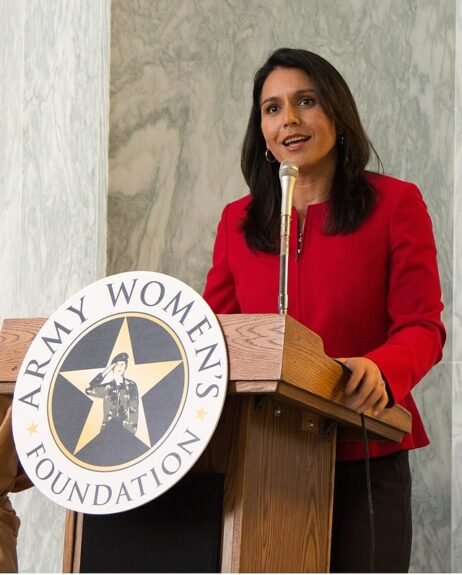 Tulsi Gabbard speaking at the Army Women’s Foundation Hall of Fame ceremony.