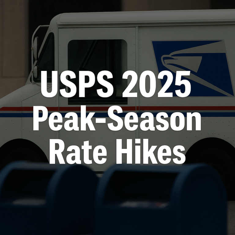 United States Postal Service delivery truck with bold text overlay reading “USPS 2025 Peak-Season Rate Hikes.