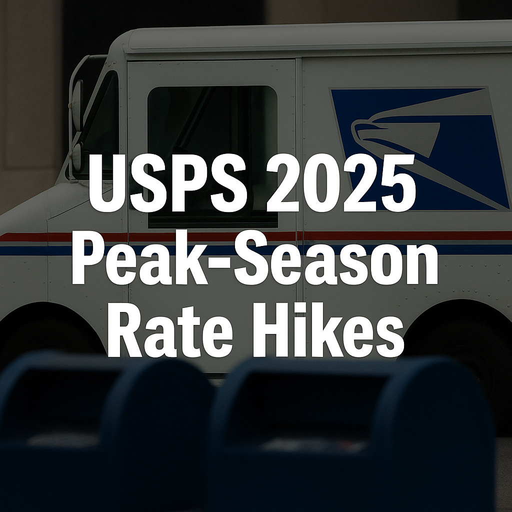 United States Postal Service delivery truck with bold text overlay reading “USPS 2025 Peak-Season Rate Hikes.