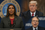 New York Attorney General Letitia James at a podium with Donald Trump and NRA’s Wayne LaPierre in a split-screen backdrop, symbolizing ongoing legal battles.