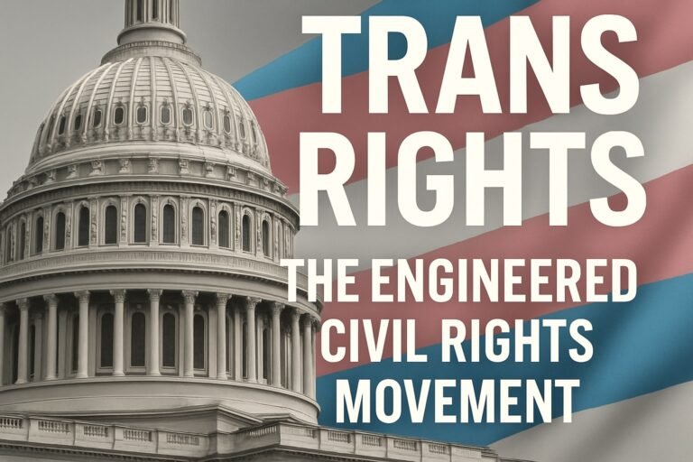 A bold editorial-style image showing the U.S. Capitol dome in grayscale with a colorful transgender pride flag waving in the foreground. Overlaid text reads: ‘Trans Rights – The Engineered Cause for Equality.’ The image conveys a critical perspective on the political origins of the trans rights movement.
