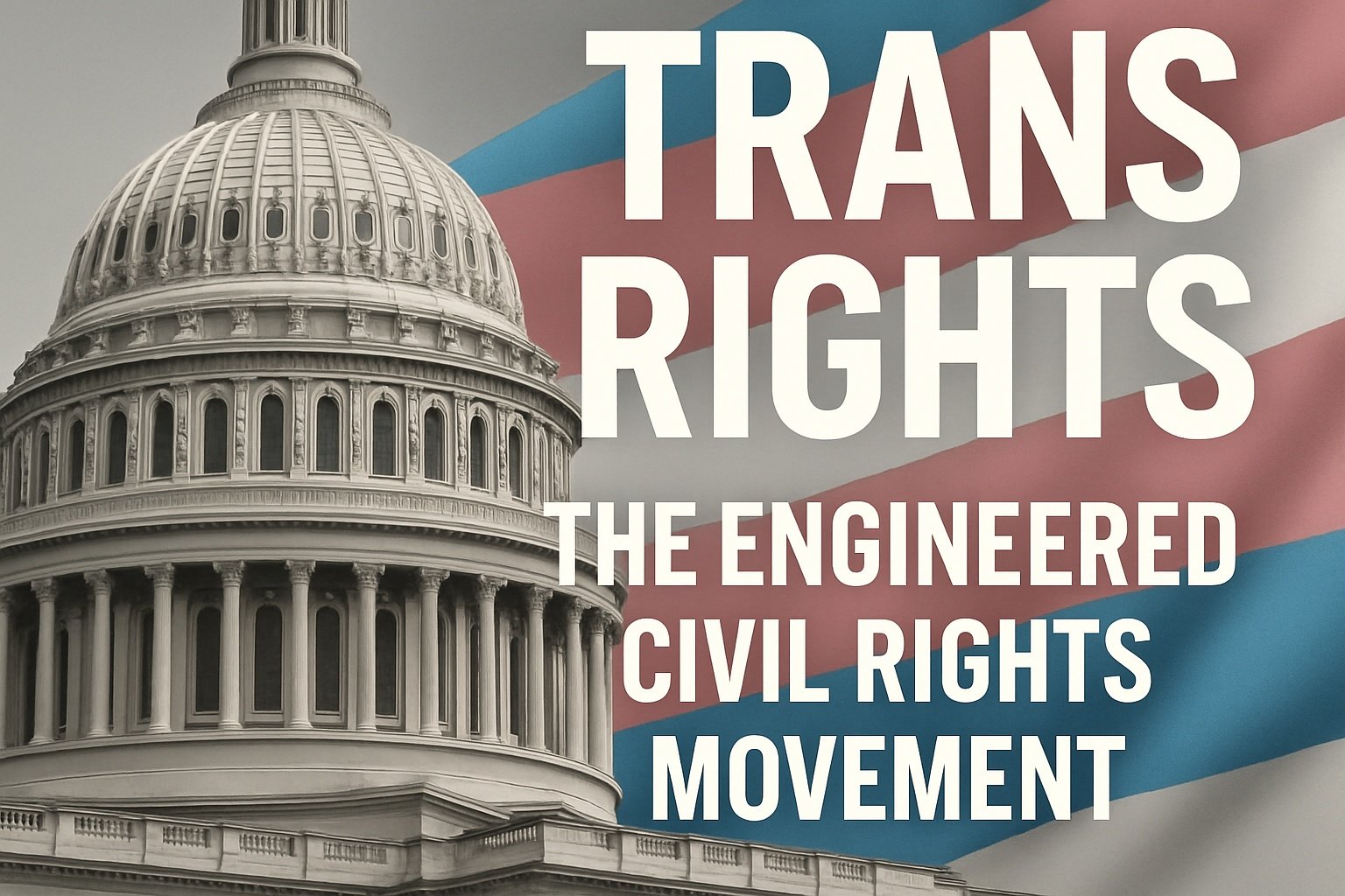 A bold editorial-style image showing the U.S. Capitol dome in grayscale with a colorful transgender pride flag waving in the foreground. Overlaid text reads: ‘Trans Rights – The Engineered Cause for Equality.’ The image conveys a critical perspective on the political origins of the trans rights movement.