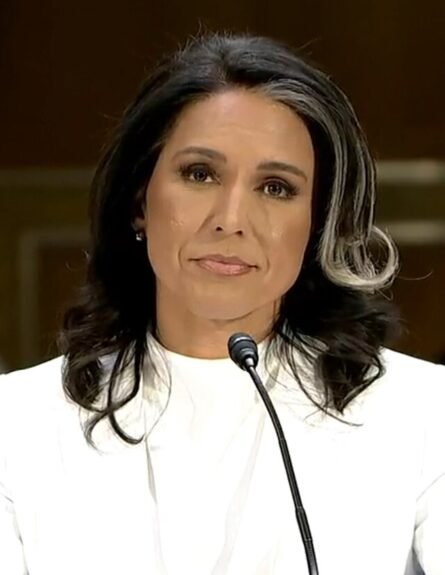 Tulsi Gabbard speaking into a microphone during a U.S. Senate hearing.